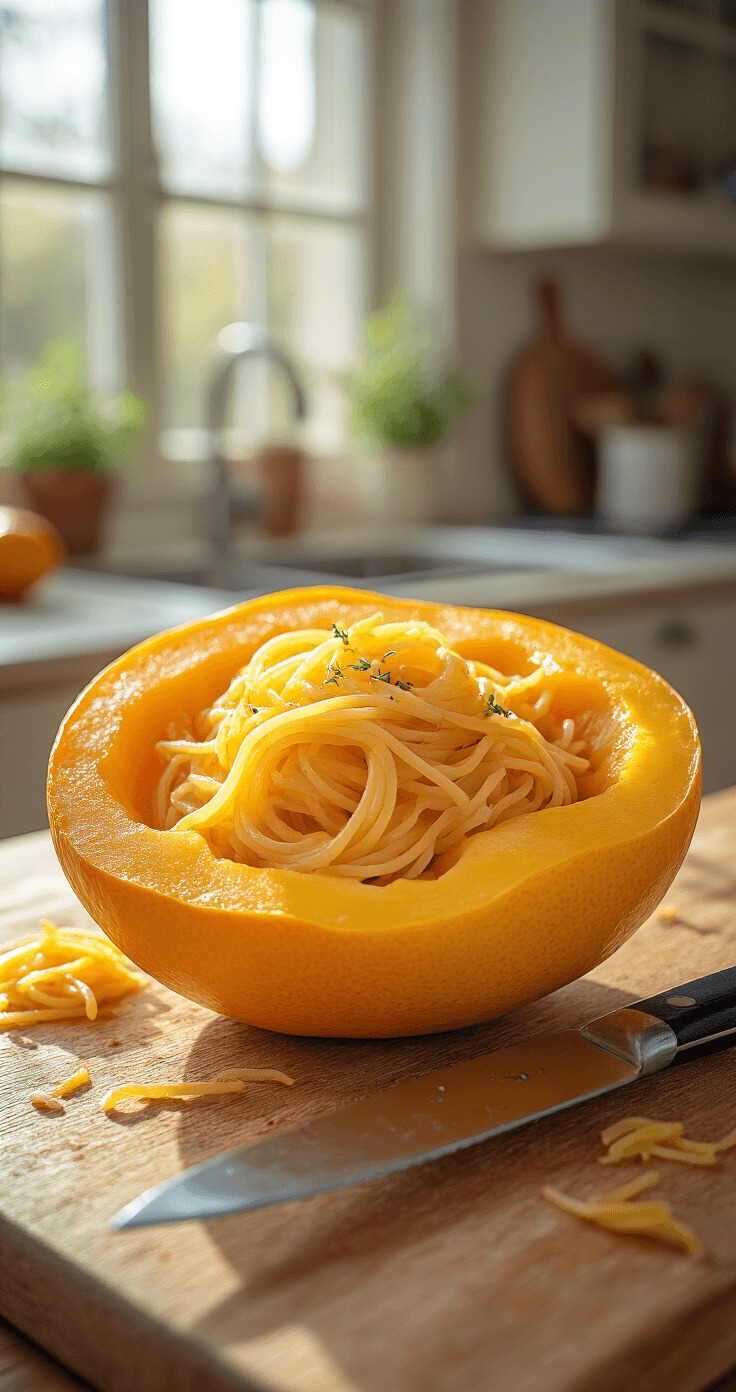 Close-up van gehalveerde spaghetti pompoen op een houten snijplank, met glanzende zaden verwijderd en gouden olijfolie die over het oranje vruchtvlees druppelt. Warme keukenverlichting creëert zachte schaduwen, terwijl verse kruiden eromheen zijn gespreid en een scherp koksmes het licht reflekteert.