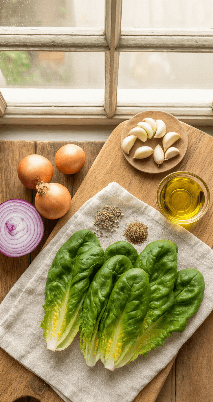 Cinematische overhead shot van een houten snijplank met fijngehakte ui en knoflook, verse groene romaine slablaadjes op een linnen doek, gouden olijfolie in een schaaltje, warme lichtinval en zachte schaduwen creëren een gezellige keto kookvoorbereiding sfeer.