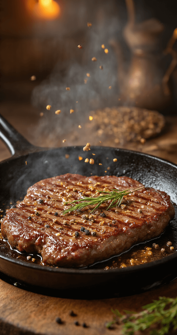 Dichtbijbeeld van rul gebakken rundergehakt in een zwarte gietijzeren pan, met aromatische kruiden die worden toegevoegd en goudkleurige stoom die oprijst in een warme, sfeervolle keuken.