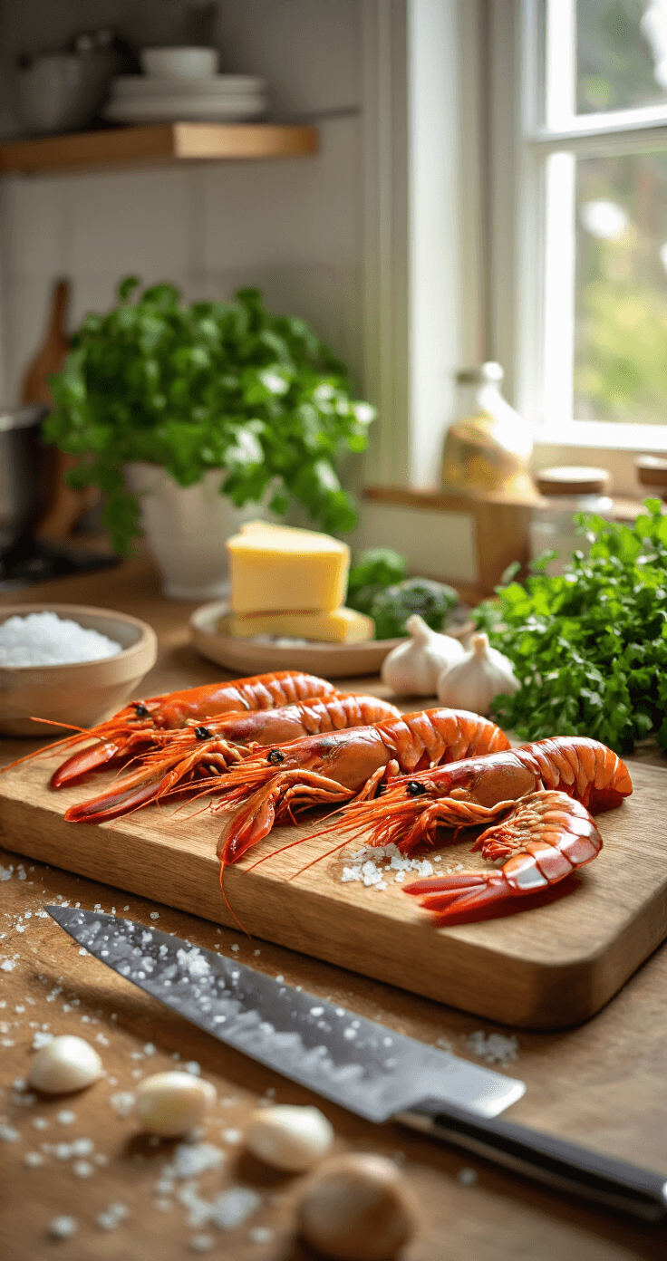 Close-up van verse tijgergarnalen op een houten snijplank, omringd door fijngehakte knoflook, verse peterselie en boterklontjes, verlicht door warm natuurlijk licht dat de glans van de garnalen en de groene peterselie benadrukt, met een koksmes en subtiele zeezout kristallen zichtbaar.