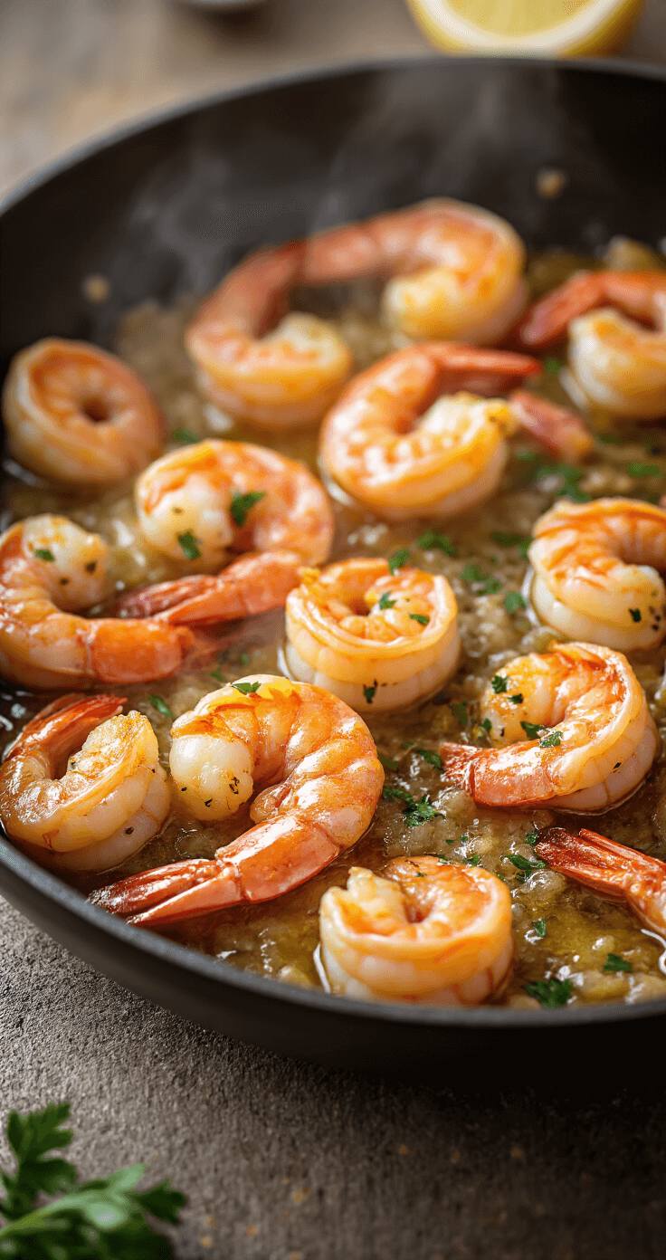 Dramatische close-up van een professionele koekenpan met bruisende boter en gouden garnalen, stoom en sissende geluiden, met knoflook die goudbruin wordt en peterselie als finishing touch.