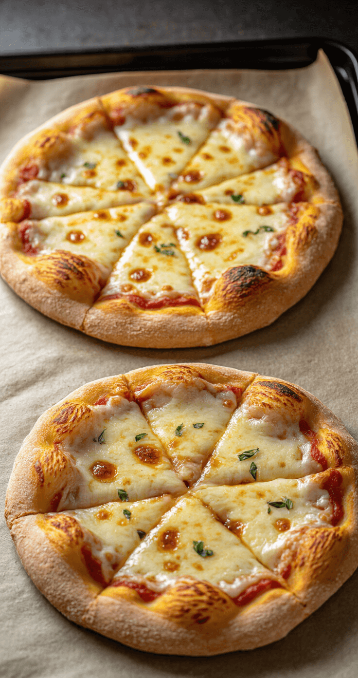 Dramatische overhead shot van een perfect gebakken bloemkoolpizzabodem op bakpapier, goudbruin met knapperige randen, in een moderne oven met stoom en rijke contrasten.