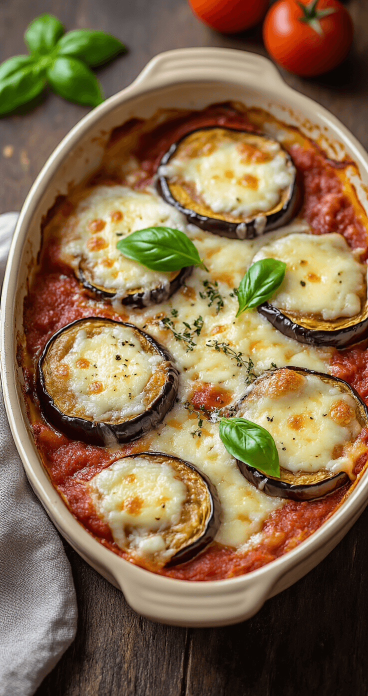 Goudbruine aubergine parmezaan in ovenschaal, bedekt met gesmolten mozzarella en parmezaanse kaas, verse basilicum en dampende tomatensaus, met knapperige randen.