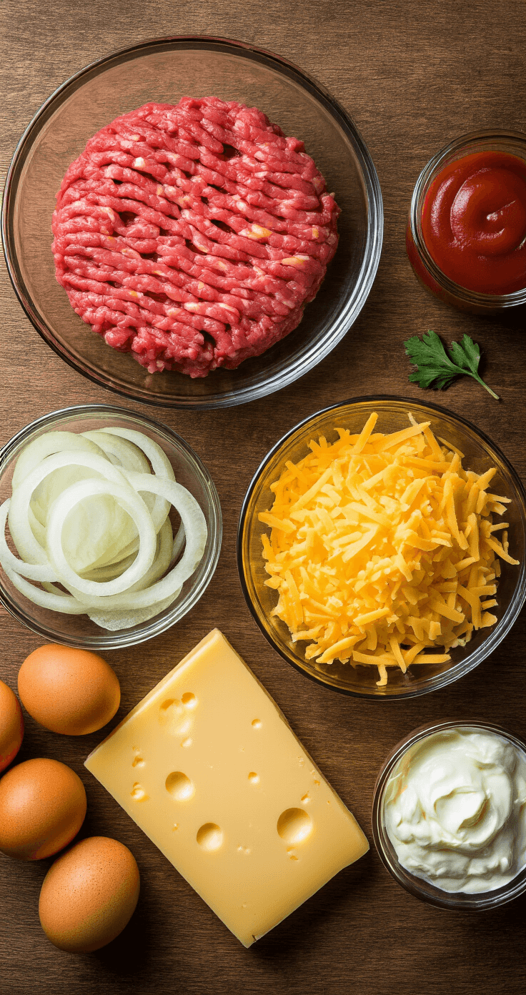 Keto Cheeseburger Ovenschotel: Ultiem Low-Carb Comfortgerecht Cinematische overhead shot van een rustieke houten keukentafel met ingrediënten voor een keto cheeseburger: rundergehakt, ui in ringen, geraspte cheddar, roomkaas, en eieren, verlicht door warm avondlicht.