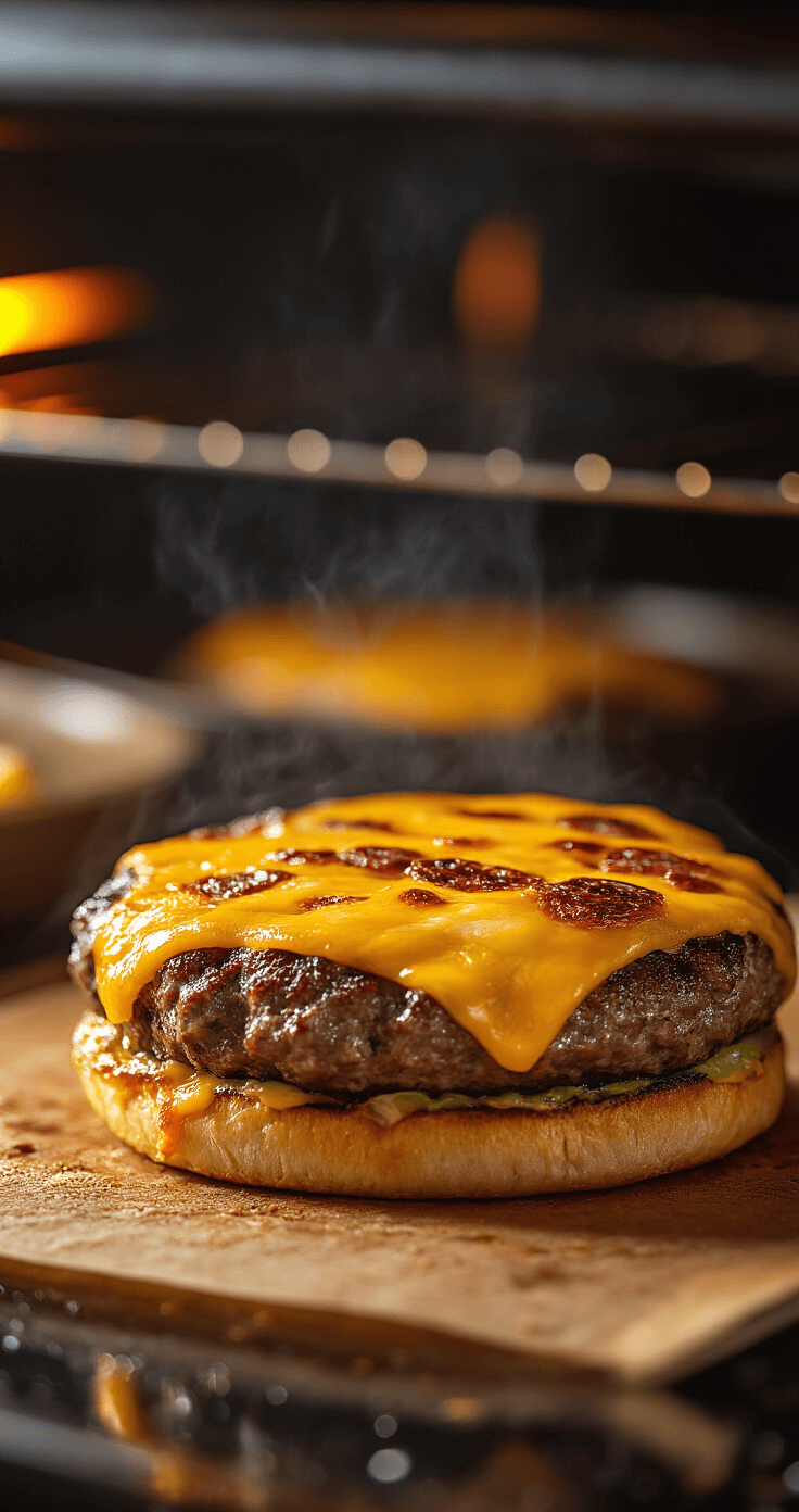 Keto Cheeseburger Ovenschotel: Ultiem Low-Carb Comfortgerecht Dramatische close-up van een bruisende ovenschotel met gesmolten cheddar, stoom stijgt op terwijl het oranje ovenlicht een cinematische gloed werpt op de goudbruine kaastopping.