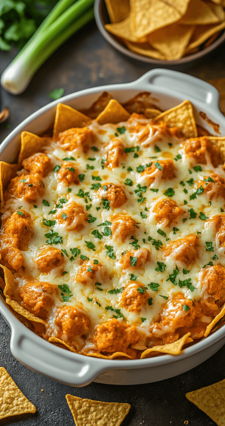 Buffalo Kipdip: Dé Ultieme Party Snack voor Iedereen! Sferische afbeelding van gouden buffalo kipdip met gesmolten kaas in een rustieke ovenschaal, omringd door tortillachips, selderij en wortels, op een sfeervolle partytafel met warme verlichting.