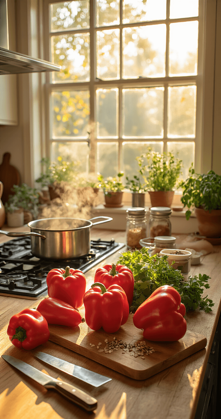 Heerlijke Gevulde Paprika's: Makkelijk en Veelzijdig Ovengerecht Warme keuken met gouden ochtendlicht, vier glanzende rode paprikas op een houten snijplank, een scherp mes ernaast, zorgvuldig gesneden ui en knoflook in kommetjes, kruiden in glazen potjes, en een dampende pan op het fornuis, alles in een huiselijke sfeer.