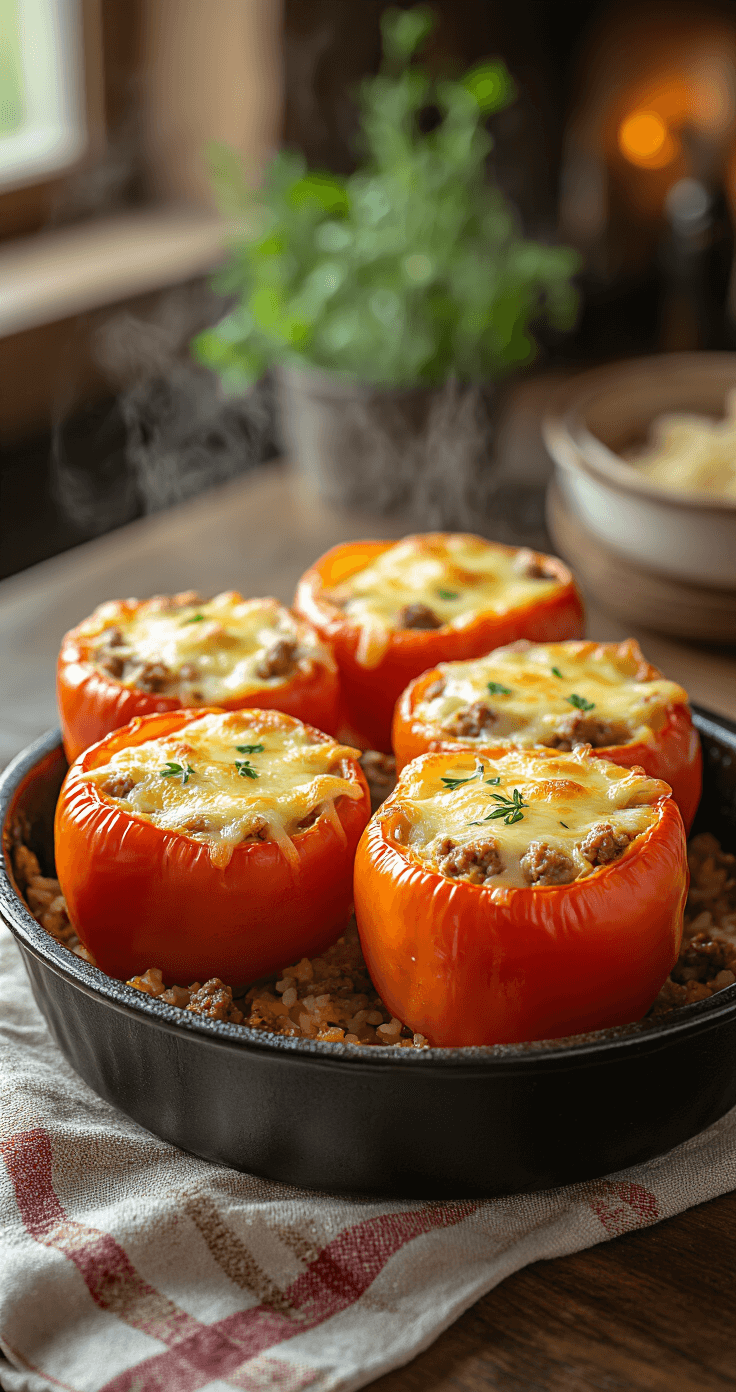 Heerlijke Gevulde Paprika's: Makkelijk en Veelzijdig Ovengerecht Rustieke ovenschaal met vier gevulde paprikas, bedekt met gesmolten kaas en dampend uit de oven, omringd door een gezellige keukentafel met een geruite theedoek.