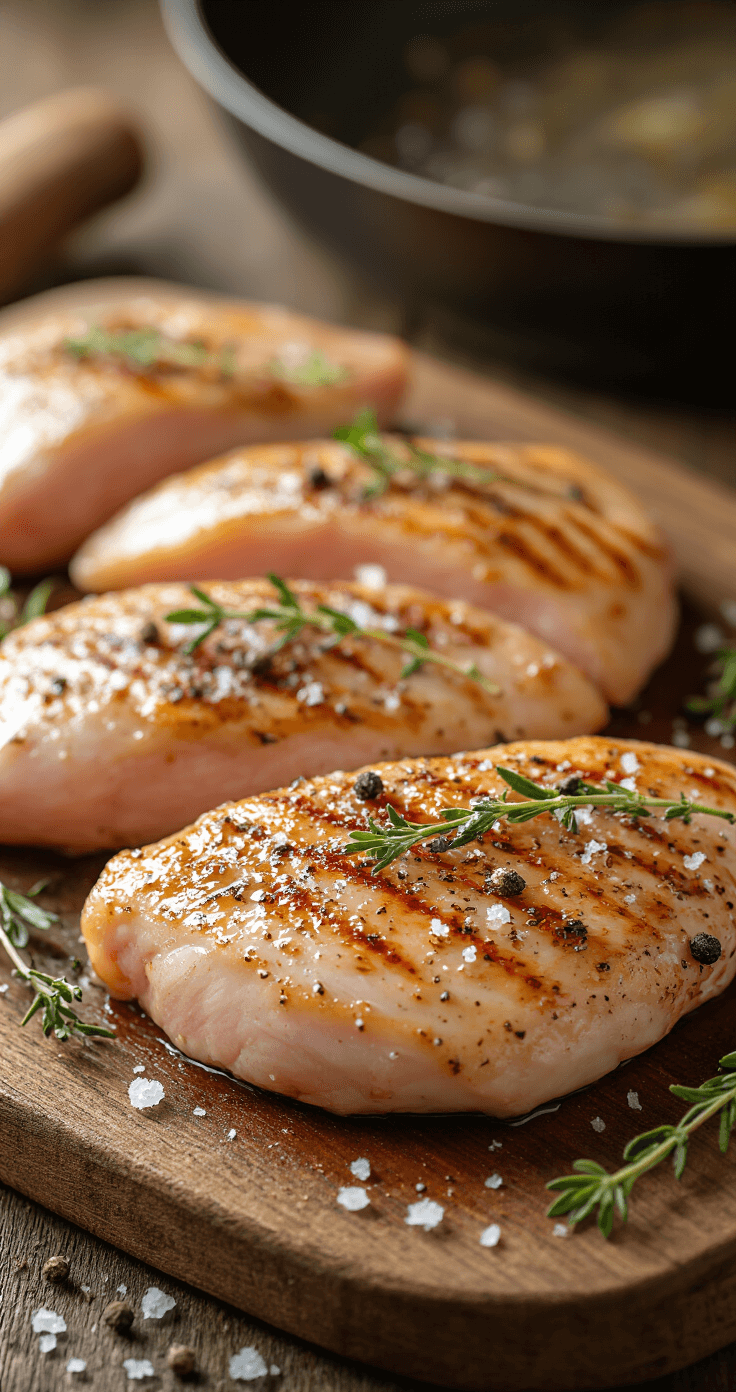 Kip Caesar Salade (zonder croutons): Een Verrukkelijke en Veelzijdige Maaltijdsalade Cinematische close-up van verse kipfilet op een houten snijplank, bestrooid met paprikapoeder, zeezout en oregano, met sfeervolle keukenverlichting en een dampende koekenpan op de achtergrond.