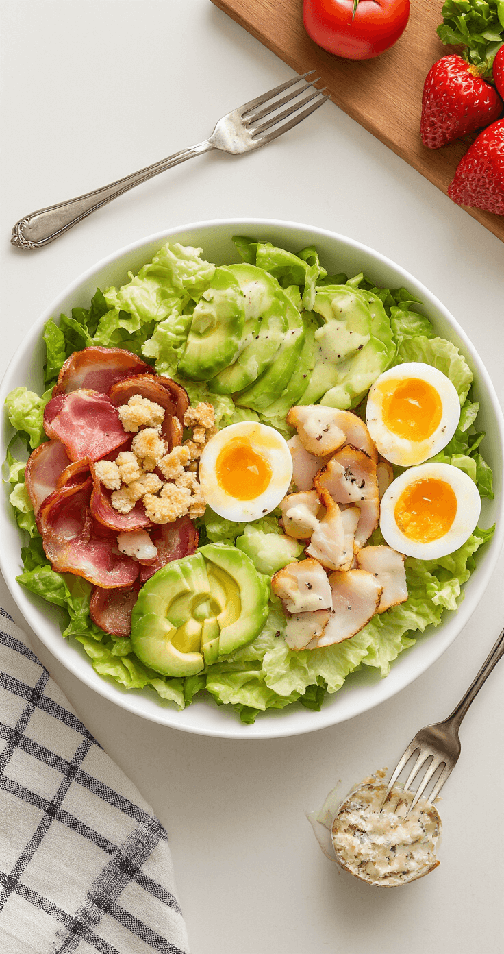 Kip Caesar Salade (zonder croutons): Een Verrukkelijke en Veelzijdige Maaltijdsalade Bovenaanzicht van een elegante witte mengkom gevuld met romaine sla, zachgekookte eieren, krokante spek en avocado, met romige dressing en warm licht dat de kleuren benadrukt.