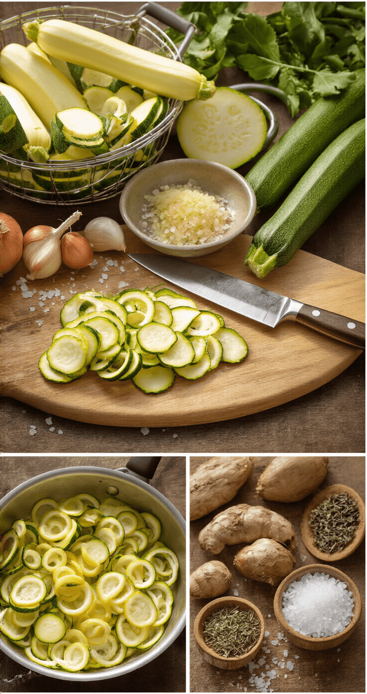 Een rustieke keuken met dunne, glanzende courgetteplakjes op een houten snijplank, naast een mandoline en scherp mes. In een gietijzeren pan pruttelen ui en knoflook, omringd door een vleugje verse kruiden.