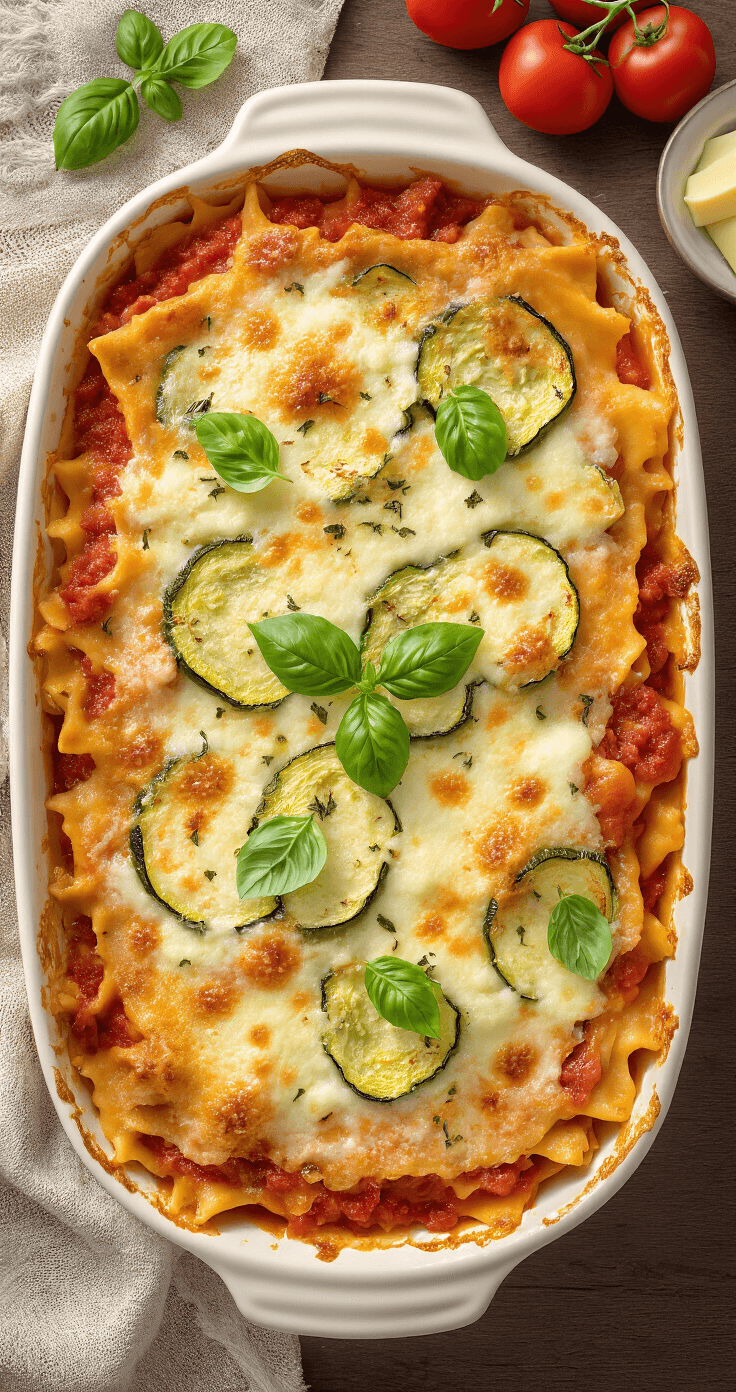 Diepe ovenschaal met lagen lasagne, gevuld met ricotta, courgette, tomatensaus, gesmolten mozzarella en Parmezaanse kaas, afgewerkt met verse basilicum.