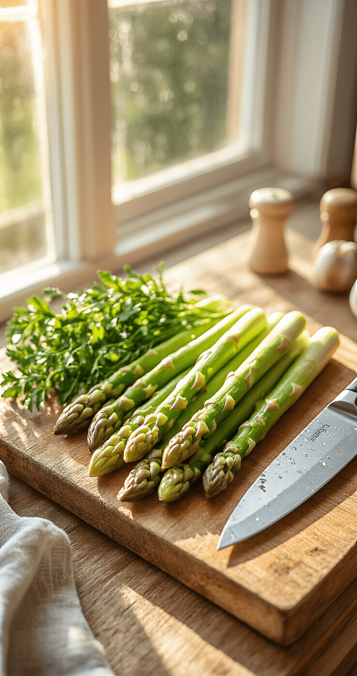 Close-up van verse groene asperges op een houten snijplank, verlicht door warm ochtendlicht, met een scherp mes en waterdruppels op de asperges.
