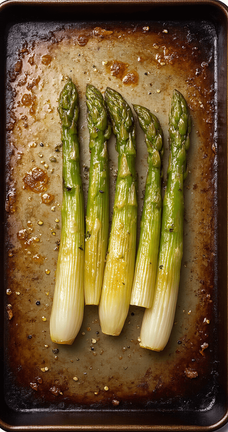 Dramatisch bovenaanzicht van met spek omwikkelde asperges op een donkere bakplaat, verlicht door een warme keukenlamp en omringd door verstrooide peperkorrels.
