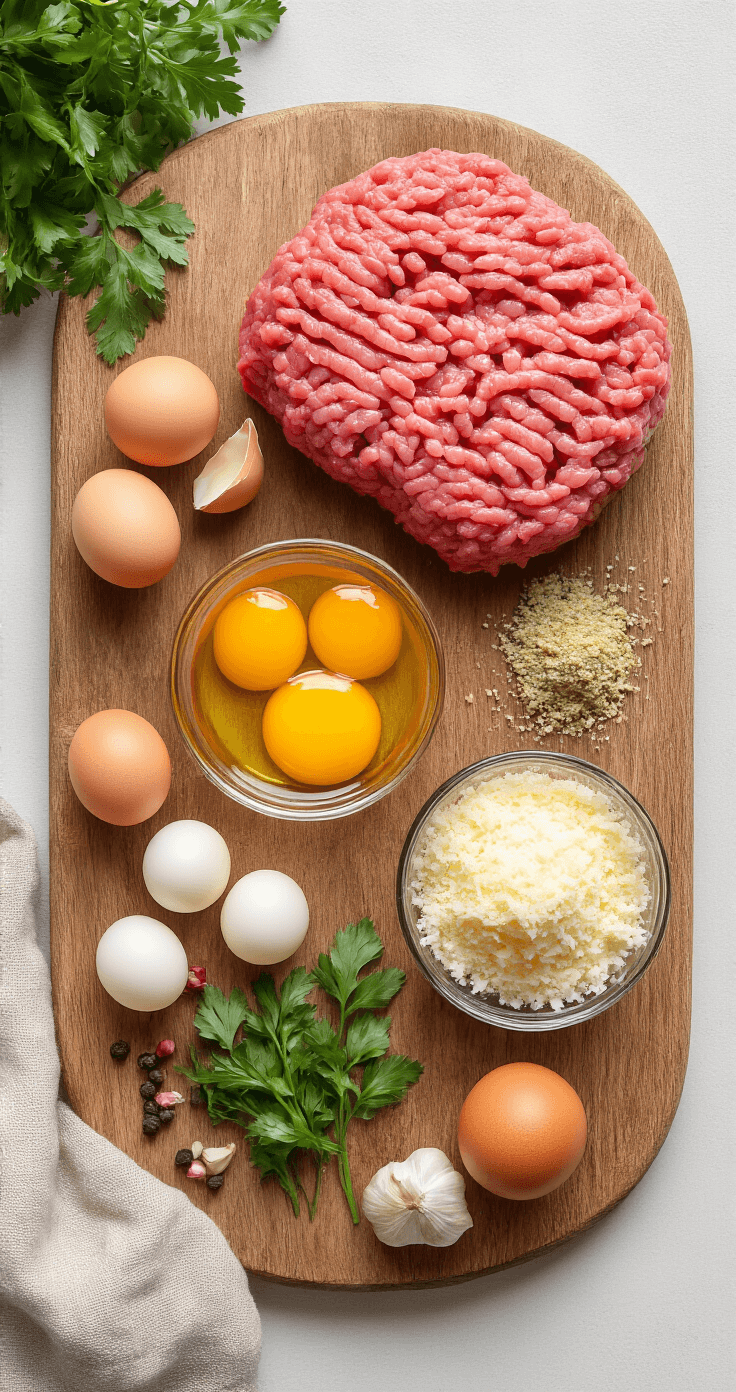 Keto Gehaktballetjes: Heerlijke Low-Carb Maaltijd in een Handomdraai Warme keukenscène met rustieke houten snijplank en verse ingrediënten voor keto gehaktballetjes: rood rundergehakt, gebroken eieren, amandelmeel, Parmezaanse kaas, knoflook en peterselie, verlicht door zachte natuurlijke verlichting.
