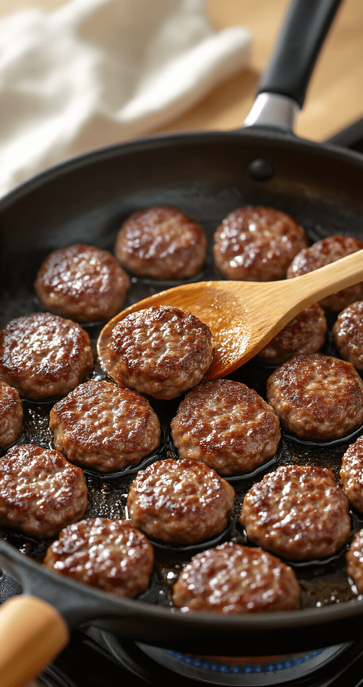 Keto Gehaktballetjes: Heerlijke Low-Carb Maaltijd in een Handomdraai Een dampende anti-aanbakpan op het gasfornuis met perfecte goudbruine gehaktballetjes die sissen in heet vet, omgeven door warme stoom en een professionele keukenambiance.