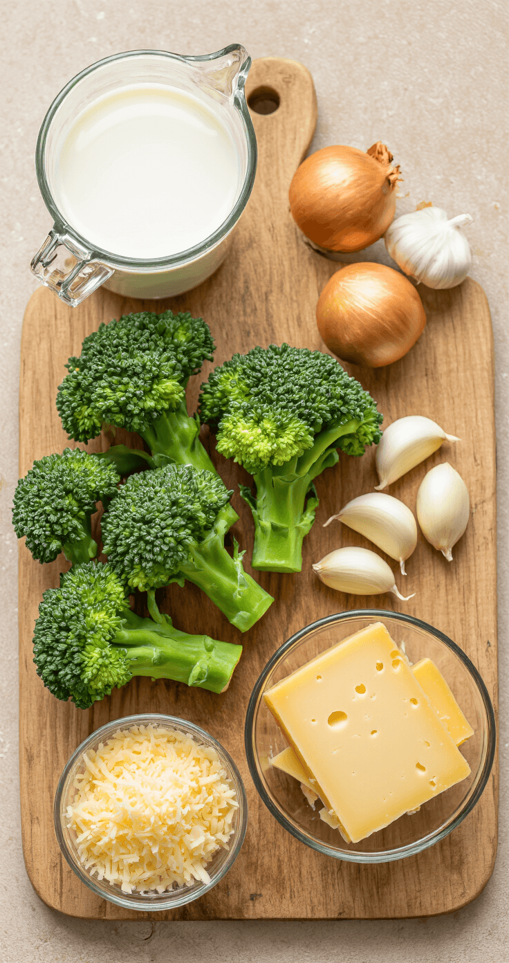 Romige Broccoli-Kaassoep: Hét Ultieme Comfortfood Cinematische bovenaanzicht van verse broccoli, gesnipperde uien, knoflookteentjes, room en geraspte kaas op een rustieke houten snijplank, belicht door warm natuurlijk licht.