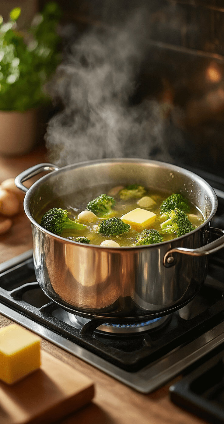 Romige Broccoli-Kaassoep: Hét Ultieme Comfortfood Dramatisch close-up van een dampende RVS soeppan op het fornuis, met goudgele smeltende boter, sissende uien en knoflook, en broccoli roosjes in een gouden bouillon. Warme stoom stijgt op terwijl zacht keukenlicht de glanzende panwand belicht en een intieme sfeer van huiselijk koken creëert.