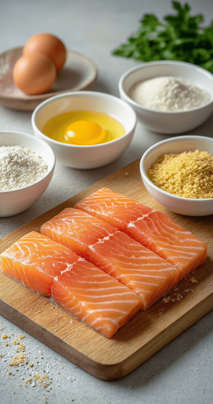 Krokante Zalmfilet: De Ultieme Gids voor een Verrukkelijk Visgerecht Close-up van verse zalmfilets op een houten snijplank, omringd door kommen met bloem, geklopt ei en panko kruimels, met warme keukenverlichting die schaduwen en textuur accentueert, terwijl handen de zalm droogdeppen.