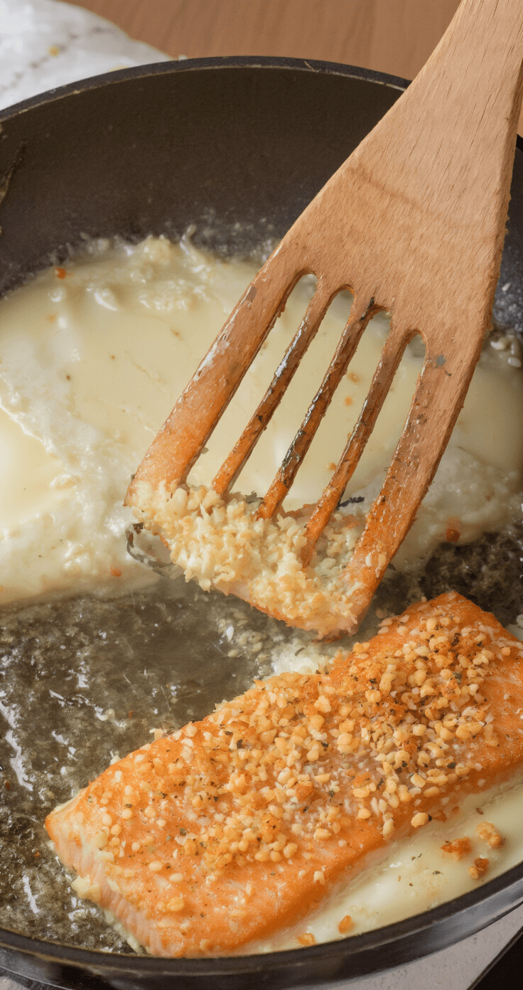 Krokante Zalmfilet: De Ultieme Gids voor een Verrukkelijk Visgerecht Dramatische keukenscène met goudbruine gepaneerde zalmfilet die sist in een hete koekenpan, omgeven door opstijgende stoom en warme verlichting die de krokante textuur benadrukt.