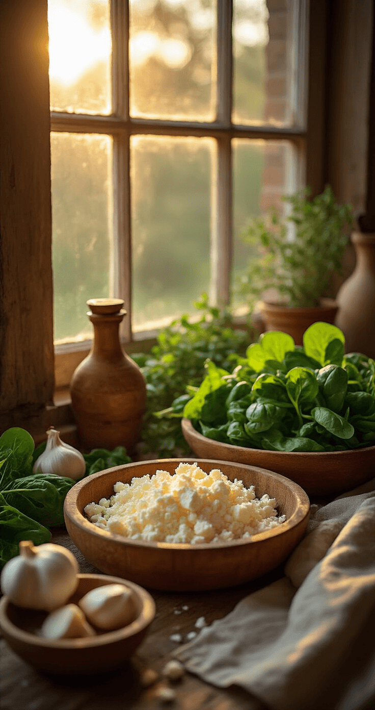 Rustieke keukenscène met spinazie en feta, gouden ochtendlicht, sissende bladeren in olijfolie, gehakte knoflook op snijplank, warme mediterrane geuren, natuurlijke houten texturen en aarde tinten.