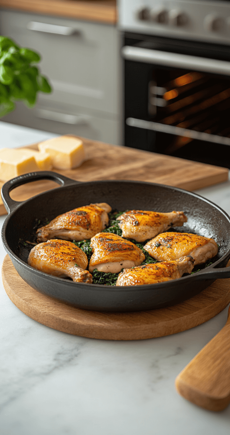 Elegante gietijzeren pan met goudbruin aangeschroeide kipfilets gevuld met spinazie en feta, op een marmeren aanrecht, met tandenstokers zichtbaar en een warme ovengloed op de achtergrond, onder professionele keukenverlichting.