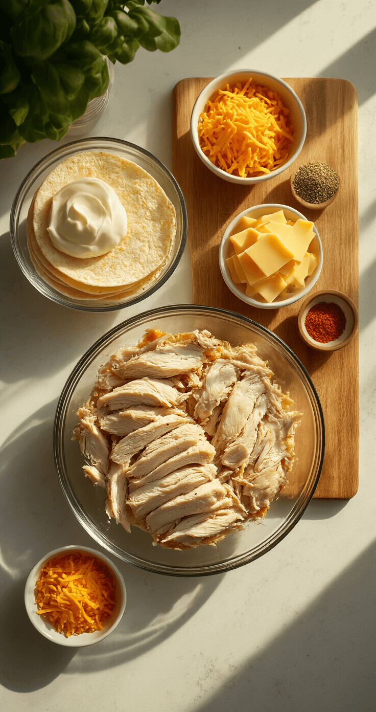 Cinematische overheadshot van een keukentafel in warm gouden uurlicht, met netjes gerangschikte ingrediënten: sappige gescheurde rotisserie-kip in een glazen kom, stapel lichte keto-tortilla's, romige roomkaas, levendige oranje cheddar, en kleine schaaltjes met aromatische specerijen, met zachte schaduwen en een rustieke houten snijplank op de achtergrond.