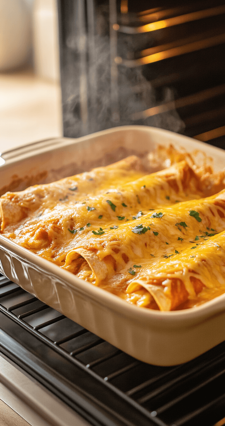 Dramatische close-up van goudbruine keto-kip enchiladas in een keramische ovenschaal, met stoom die omhoog rijst en gesmolten kaas die mooie gekarameliseerde pieken en valleien vormt, omringd door rijke romige saus en perfect gerolde tortillawraps, verlicht door warm amber ovenlicht.