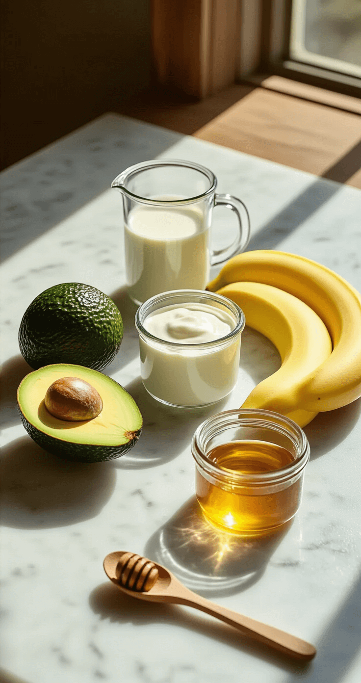 Romige Avocado Smoothie: Jouw Ultieme Gezonde Ontbijt Boost! Cinematische close-up van verse ingrediënten voor een avocado smoothie op een marmeren aanrecht: halve avocado, gele banaan, glazen maatbekers met melk, potje yoghurt, honingpot, verse limoenen en houten lepels in zacht ochtendlicht.