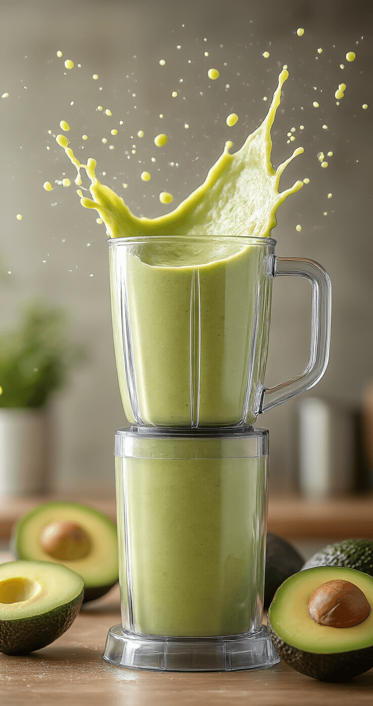 Romige Avocado Smoothie: Jouw Ultieme Gezonde Ontbijt Boost! Actieshot van een high-speed blender die een romige groene avocado-smoothie mengt; spatten tegen een transparante kan met motion blur van draaiende messen. Studio verlichting benadrukt de textuur en dampwolkjes stijgen op, met een vervaagde moderne keuken als achtergrond.