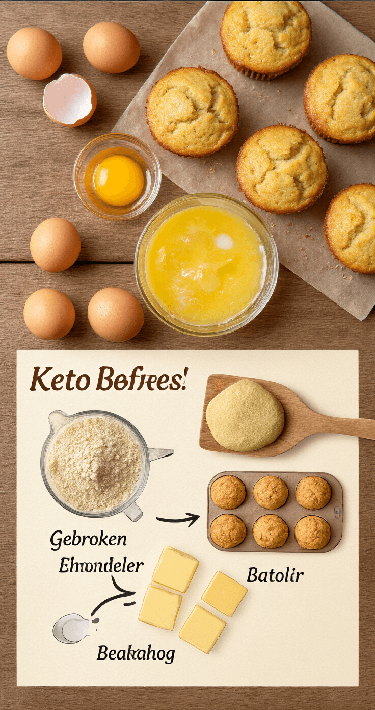 Keto Eimuffins: Heerlijke Low-Carb Ontbijtjes in een Handomdraai Warme keukenscène met gouden ochtendlicht, rustiek houten aanrecht vol ingrediënten zoals gebroken eierschalen, gesmolten boter in glazen kom, amandelmeel in houten lepel, elektrische mixer en zachte schaduwen.