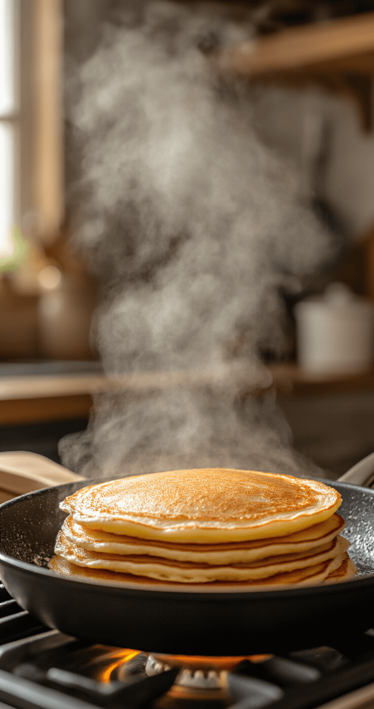 Cinematische close-up van een gouden bruine pannenkoek die in een zwarte anti-aanbak pan wordt gebakken, met stijgende stoom en borrelend beslag aan de randen, verlicht door warme tonen in een gezellige keukensfeer.