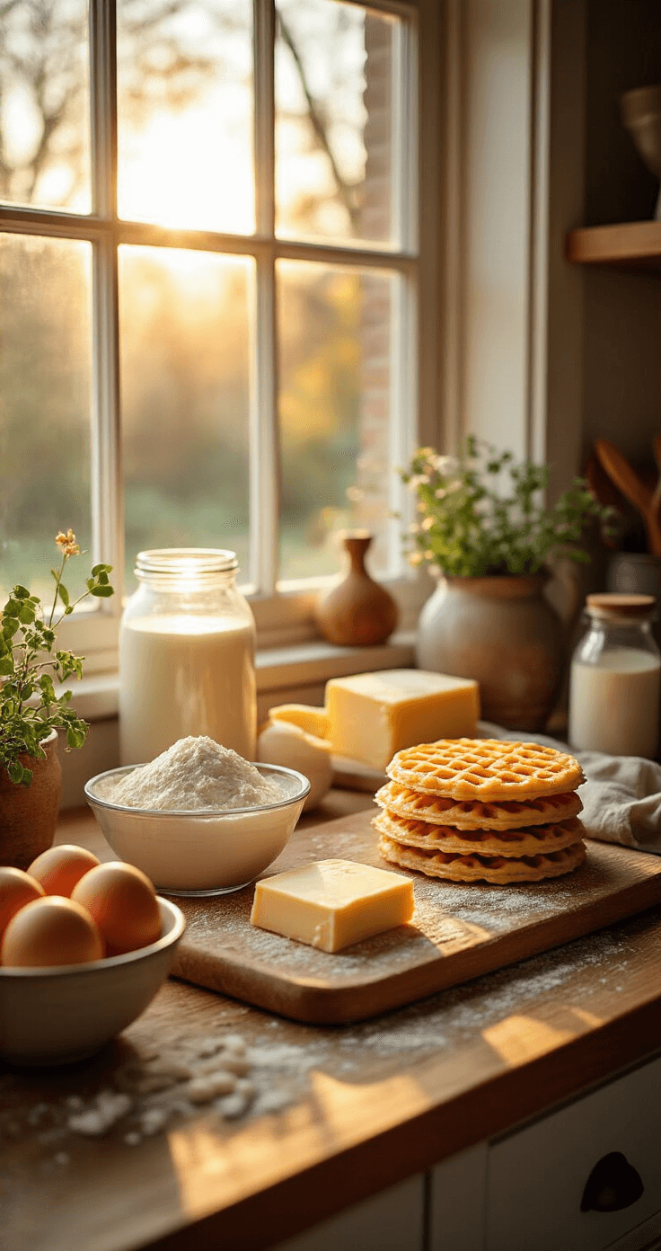 Koolhydraatarme Wafels van Amandelmeel: Hét Gezonde Ontbijtgeheim Rustieke keukenscène met ochtendzon die op een houten aanrecht schijnt, met zorgvuldig uitgestalde ingrediënten zoals amandelmeel, verse eieren, roomkaas en vanille-extract.