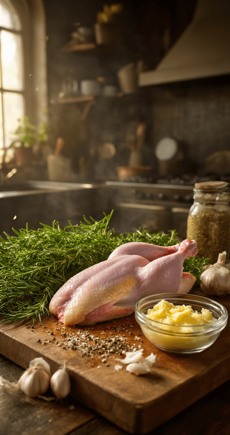 Gegrilde Kip met Kruidenboter: Hét Ultieme Zomerse Hoofdgerecht Cinematische close-up van een rauwe hele kip op een houten snijplank, omringd door een glazen kom met zachte roomboter en fijngehakte verse kruiden, met takjes rozemarijn en tijm en knoflookteentjes, verlicht door warme keukenverlichting.