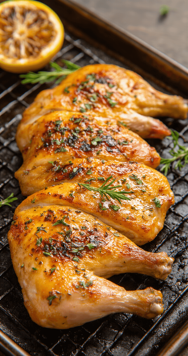 Gegrilde Kip met Kruidenboter: Hét Ultieme Zomerse Hoofdgerecht Perfect gebraden goudbruine kip op een rvs rooster met knapperige huid en kruiden, stoom stijgt op terwijl de thermometer 72°C aangeeft, verlicht door warm ovenlicht in een professionele keuken.