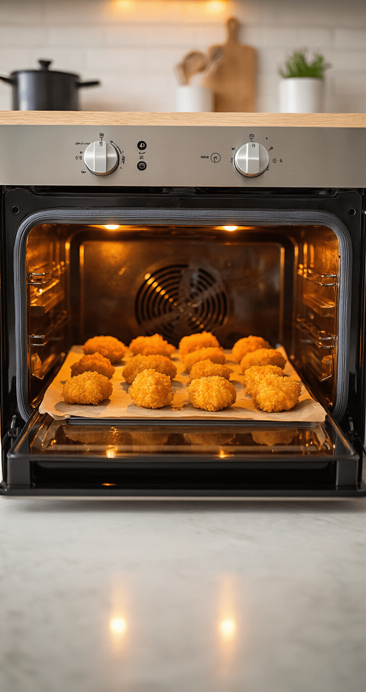 Keto Kipnuggets: De Ultieme Low-Carb Snack voor Elke Keto-Liefhebber Krokante, goudbruine keto kipnuggets op bakpapier in een moderne keuken, met warme oranje gloed en stoom die subtiel opstijgt, terwijl het ovenlicht weerkaatst op de glimmende bakplaat.