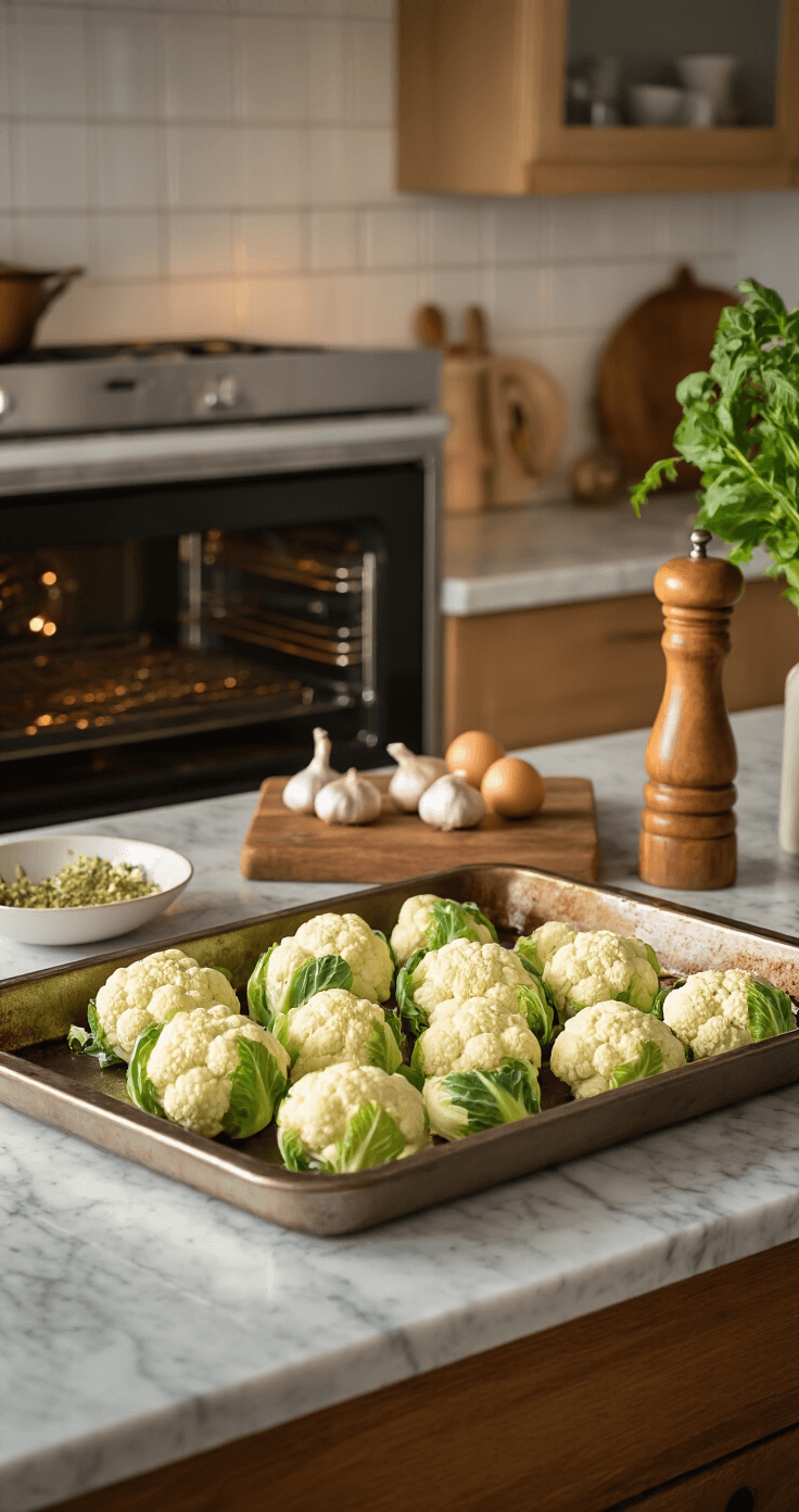 Bloemkool Overschotel met Kaas: Een Heerlijk en Eenvoudig Comfort Food Vers gesneden bloemkoolroosjes glinsteren van olijfolie op een bakplaat, verlicht door warm keukenlicht. Op de achtergrond dampende oven en artistiek gerangschikte knoflook en kruiden, alles omgeven door een warme ambiance met zachte schaduwen op een marmeren aanrecht.