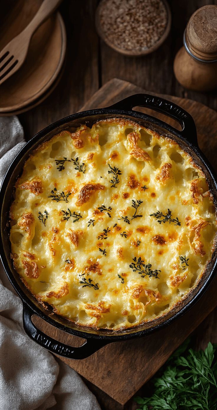 Bloemkool Overschotel met Kaas: Een Heerlijk en Eenvoudig Comfort Food Goudbruine bloemkool ovenschotel met borrelende kaaskorst, gestoomd en warm, in een rustieke ovenschaal op een houten ondergrond.