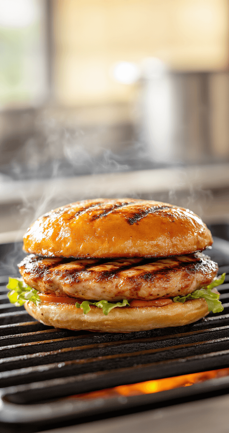 Bunless Kipburger Recept Dramatisch close-up van een gegrilde kipburger met perfecte grillstrepen en een sappige textuur, omgeven door stoom op een hete grillplaat, gefotografeerd in een professionele kookstudio met warme verlichting.