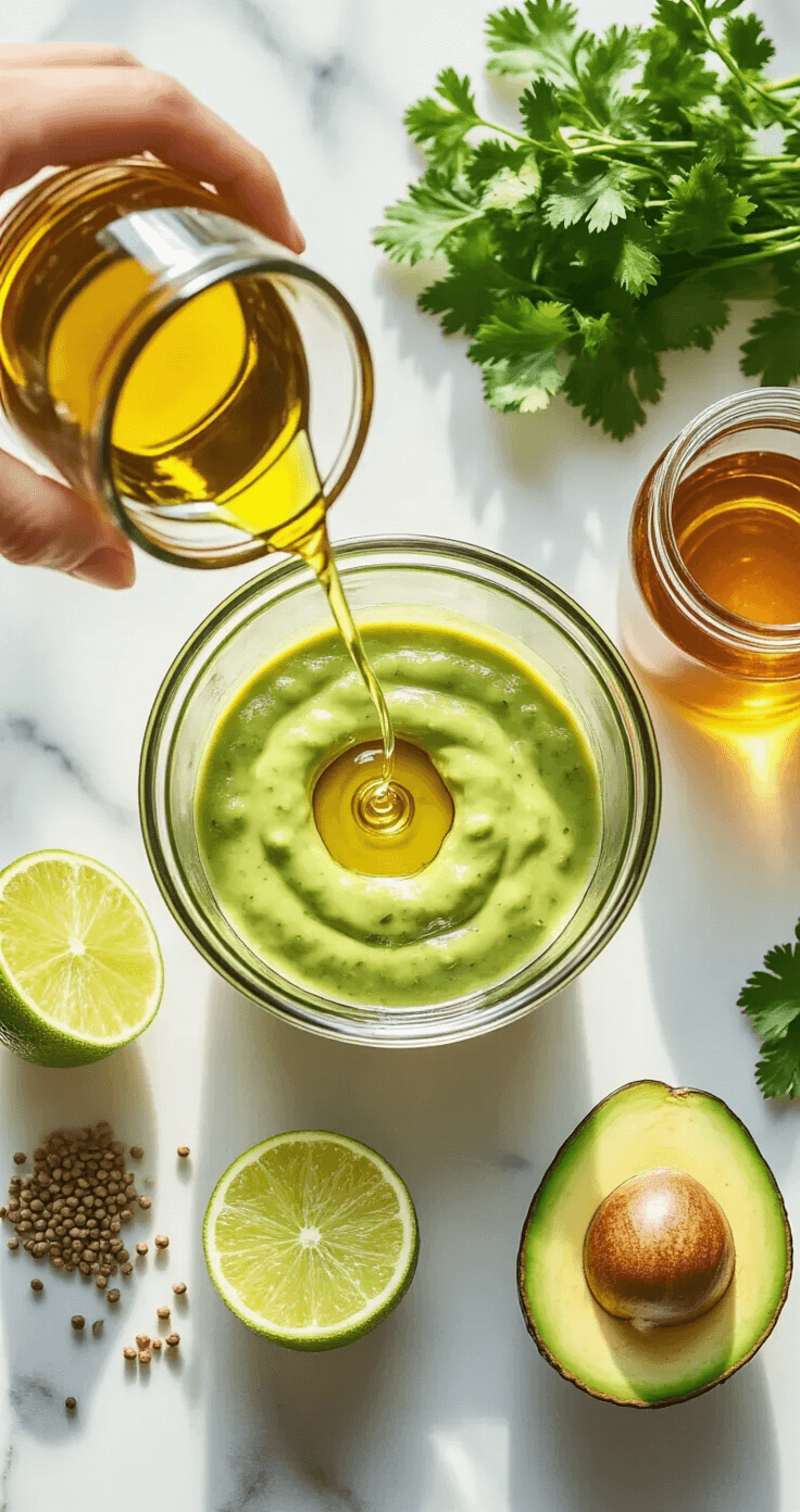 Zomerse Garnalen-Avocado Salade: Fris & Feestelijk! Cinematische overheadfoto van een elegante marmeren aanrecht, verlicht door warm natuurlijk licht, met precies gesneden ingrediënten: glanzende olijfolie in een glazen blender, verse limoenen met druppels, een bundel heldergroene koriander, een potje gouden honing en verspreide komijnzaadjes, die samen een artistieke culinaire compositie vormen.