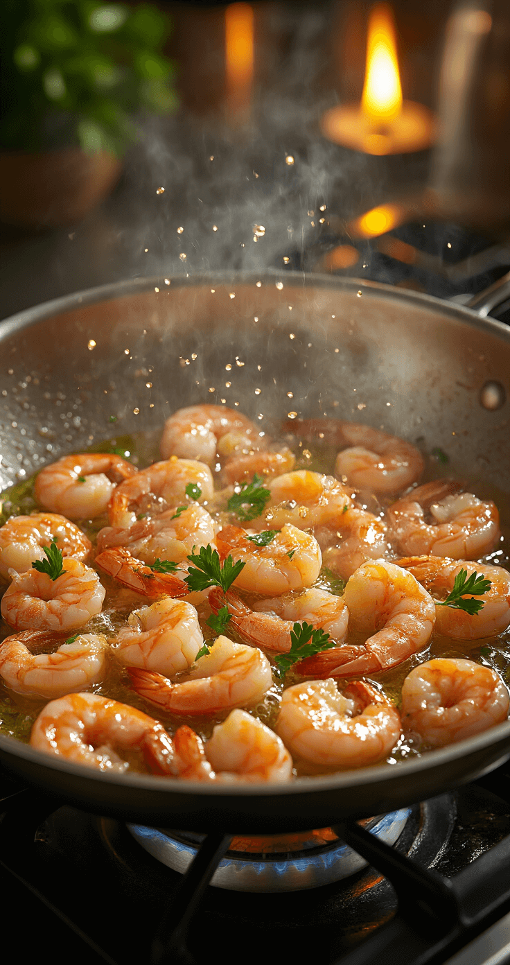 Zomerse Garnalen-Avocado Salade: Fris & Feestelijk! Dynamisch close-up van een sissende roestvrijstalen pan op een gasfornuis, met gouden-roze garnalen die kraken in bubbeliolijfolie, bruine knoflooktenen en verse peterselie, omgeven door stoom en warme verlichting in een keuken.