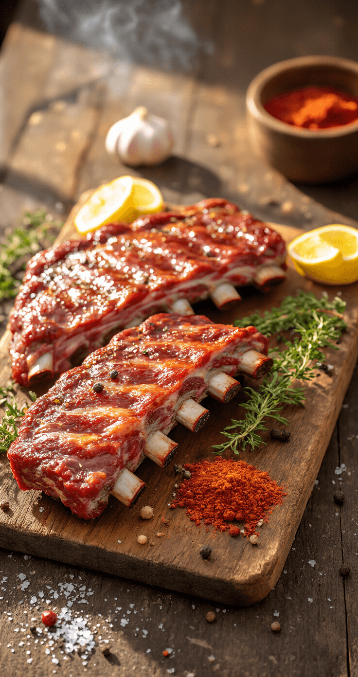 Keto BBQ Ribbetjes: Makkelijk en Heerlijk Cinematische close-up van rauwe spareribs op een rustieke houten snijplank, omringd door verse kruiden en specerijen, met paprika-, knoflookpoeder en zeezout artistiek verspreid, verlicht door warm gouden licht dat dramatische schaduwen creëert, tegen een donkere keukenachtergrond met subtiele rookwolkjes.