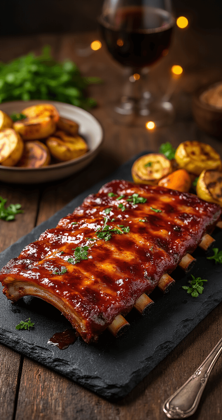 Keto BBQ Ribbetjes: Makkelijk en Heerlijk Perfect gegrilde BBQ ribbetjes op een zwart leisteen bord, glanzend karamelkleurig glazuur, verse peterselie, geroosterde groenten, dampende ribbetjes met grill marks, elegante tafelschikking met vintage bestek en warme amber verlichting.