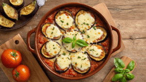 Aubergine Parmezaan: Hét Ultieme Italiaanse Comfort Food Cinematische overhead shot van dampende aubergine parmezaan in een terracotta ovenschaal, met gesmolten kaas, verse basilicum, en een warme mediterrane keuken sfeer.