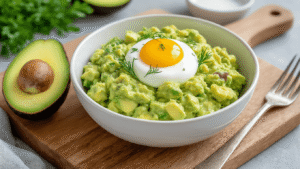 Avocado-eiersalade: Romige Lunch vol Smaak en Gezondheid Cinematisch close-up van romige avocado-eiersalade met hardgekookte eieren, Griekse yoghurt, bieslook en limoen op een rustieke houten snijplank.