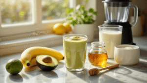 Romige Avocado Smoothie: Jouw Ultieme Gezonde Ontbijt Boost! Cinematische close-up van avocado smoothie ingrediënten op een marmeren aanrecht, met rijpe avocado, gele banaan, melk in maatbekers, yoghurt, honing, limoenen en houten lepels, in warm ochtendlicht.