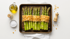 Cinematisch bovenaanzicht van groene asperges omwikkeld met goudbruin ontbijtspek, omringd door olijfolie, peper- en zoutmolens, met dramatische schaduwen en warme verlichting in een gezellige keuken.