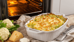 Bloemkool Overschotel met Kaas: Een Heerlijk en Eenvoudig Comfort Food Goudbruine bloemkool ovenschotel met gesmolten kaaskorst in rustieke ovenschaal, omringd door verse ingrediënten en warme kleuren, verlicht door natuurlijk daglicht.