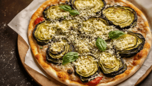 Bloemkoolpizza: Koolhydraatarme Pizza Vol Smaak en Gezondheid Cinematische close-up van een perfect goudbruine bloemkoolpizzabodem op wit bakpapier, omringd door verse kruiden en geraspte kaas, met warme verlichting die de textuur en randen accentueert, op een rustiek houten werkblad.