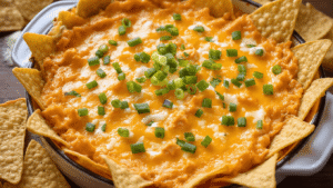Buffalo Kipdip: Dé Ultieme Party Snack voor Iedereen! Cinematische close-up van gouden buffalo chicken dip in een rustieke ovenschaal, omringd door tortillachips en verse groenten, met gesmolten cheddar kaas en dampende warmte in sfeervolle keukenverlichting.